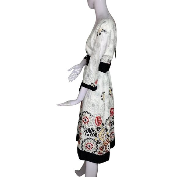 Beautiful! Kimono Cut Floral Dress Size Small Wide 3/4 Sleeves White and Brown - Picture 7 of 12